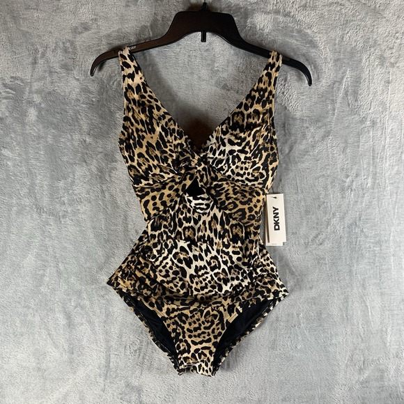 DKNY Women's Swimsuit S One Piece Animal Leopard Print Twist Front Keyhole NWT - Picture 1 of 8